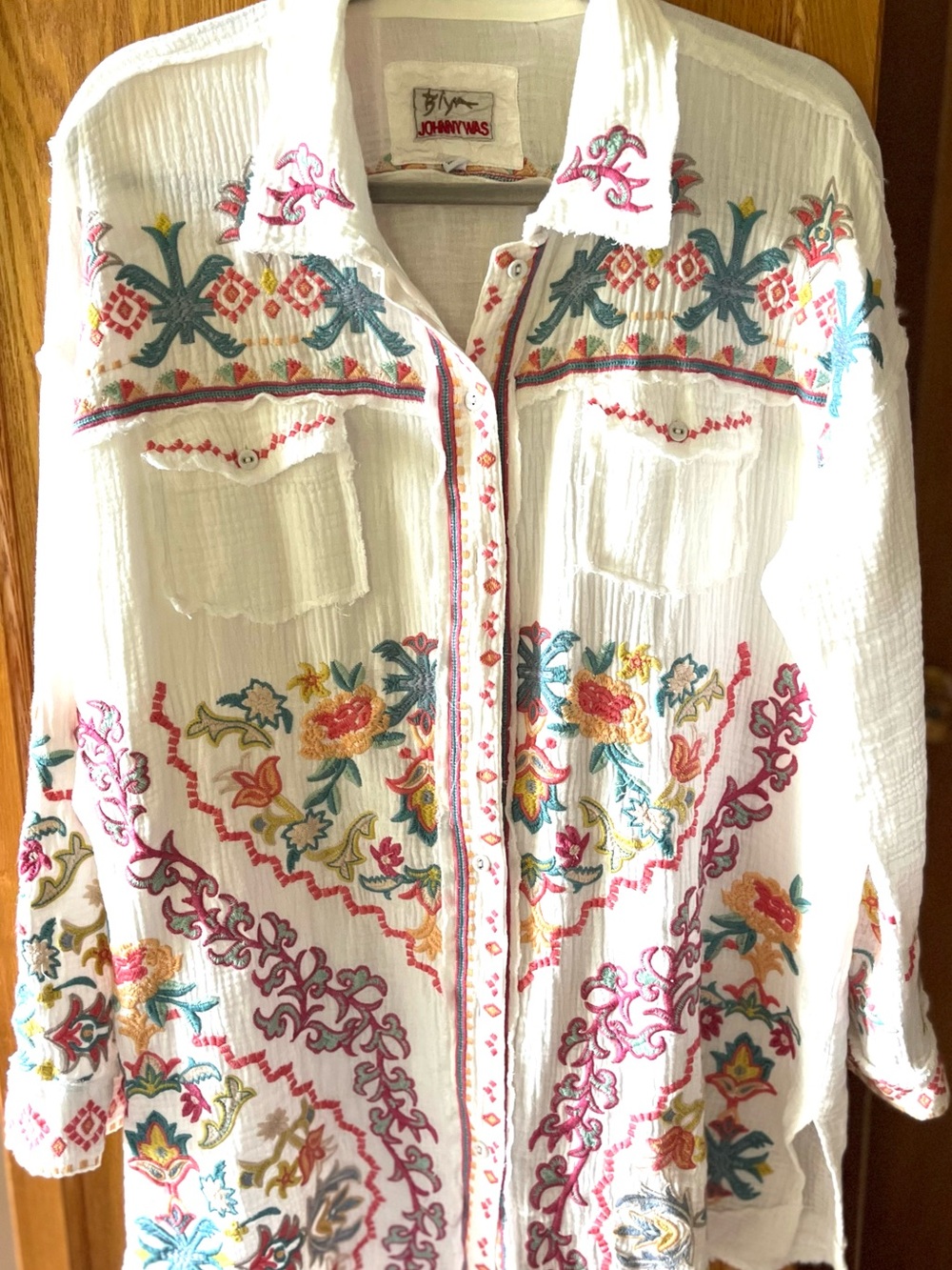 Johnny Was White Embroidered Floral Button-Down Shirt